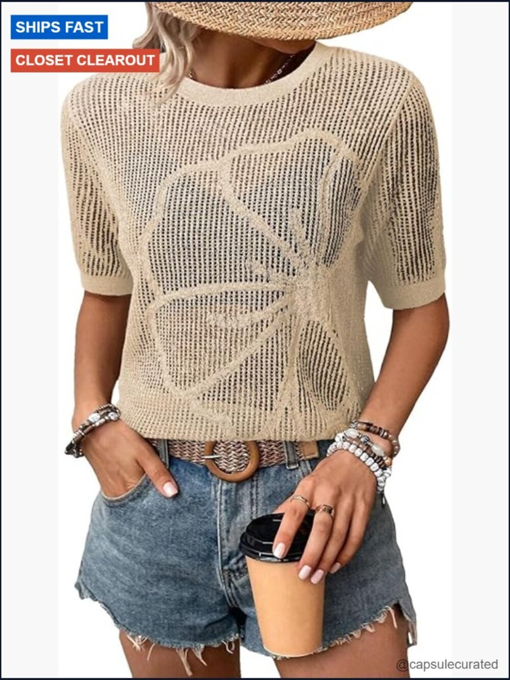 Crochet Short Sleeve Pullover Sweater Beach Vacation Top